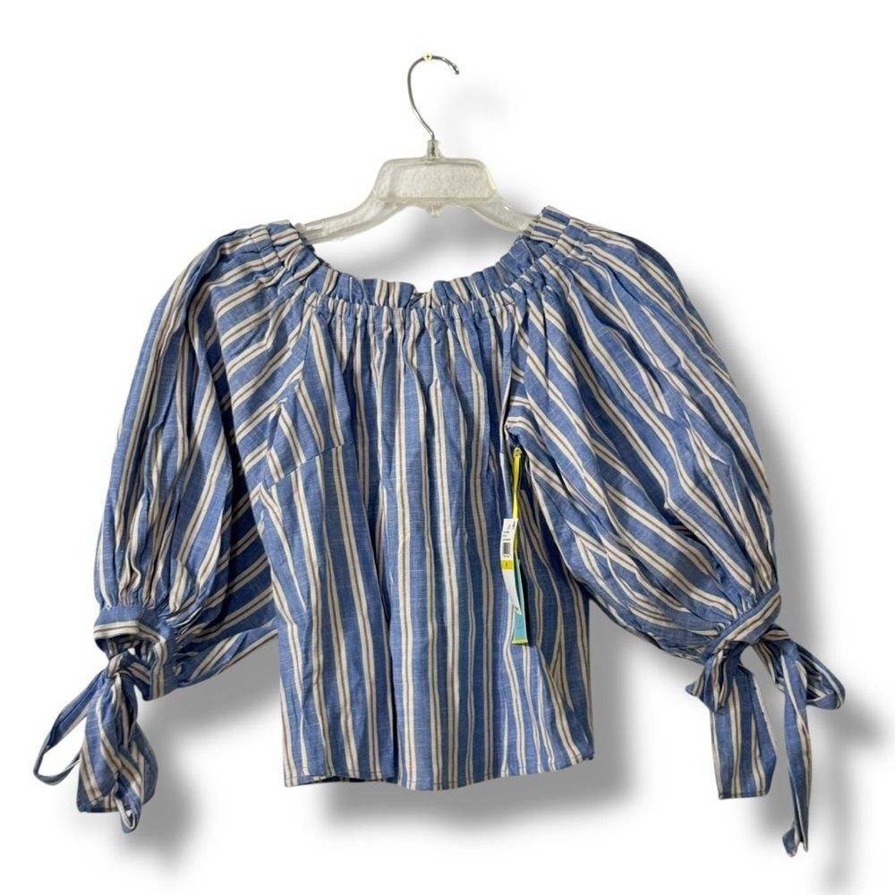 CeCe Off the Shoulder Linen Top Balloon Sleeves Rustic Western Farmhouse Size M